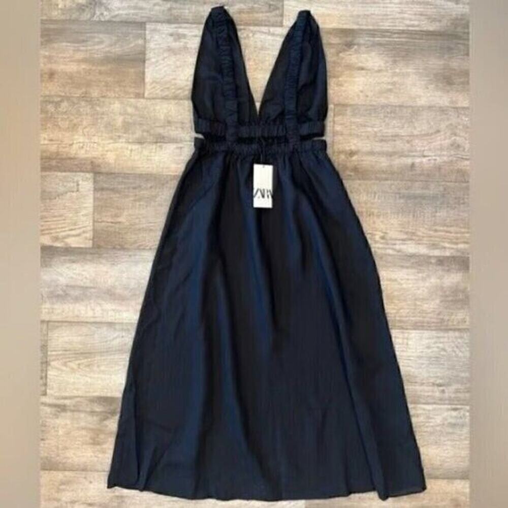 ZARA Black Linen Blend Maxi Dress NWT V Neck Resort Vacation Dress M - Picture 16 of 16